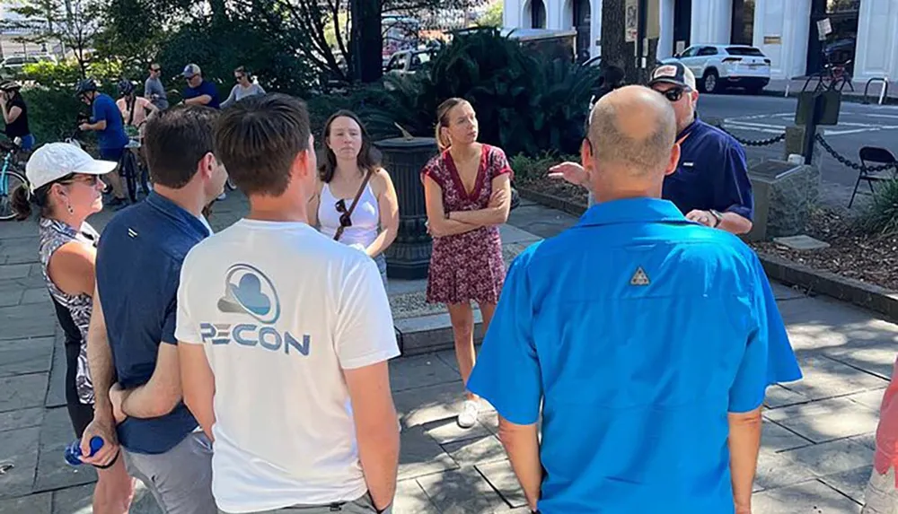A group of people are standing outdoors in a semi-circle engaging in what appears to be a guided tour or an outdoor discussion with some participants noticeably attentive to the person speaking