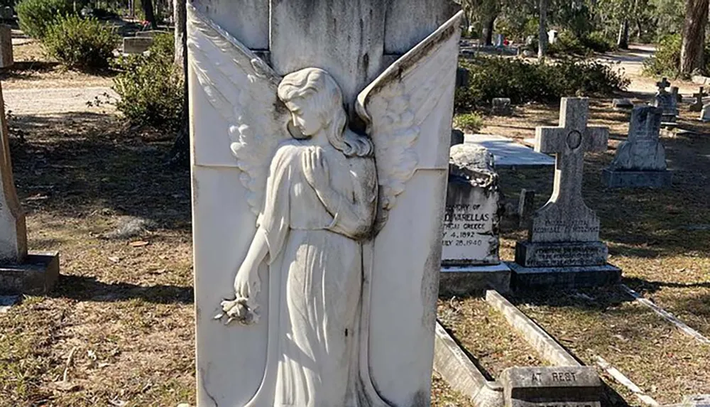 A solemn statue of an angel with wings stands amidst graves in a cemetery