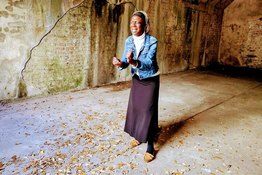 A person is standing on a floor covered with fallen leaves inside a room with weathered walls holding an object and appearing to be in mid-speech or singing