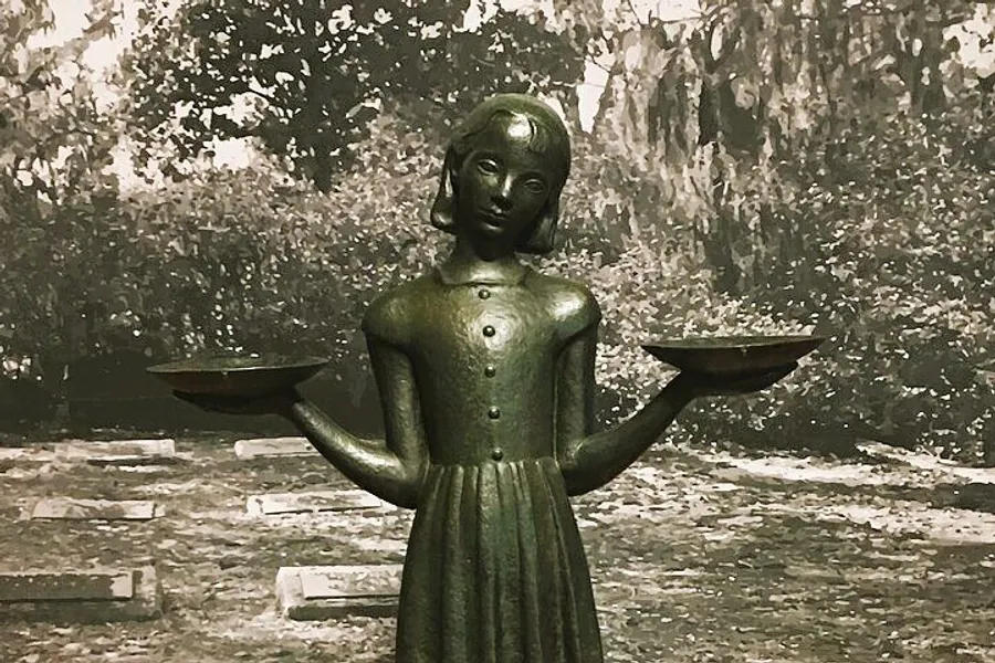 The image shows a bronze statue of a young girl holding two bowls out at her sides, standing in front of a blurred backdrop of foliage.