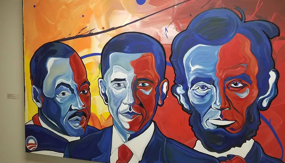 The image shows a colorful painting featuring stylized portraits of three significant historical figures in vibrant reds blues and yellows