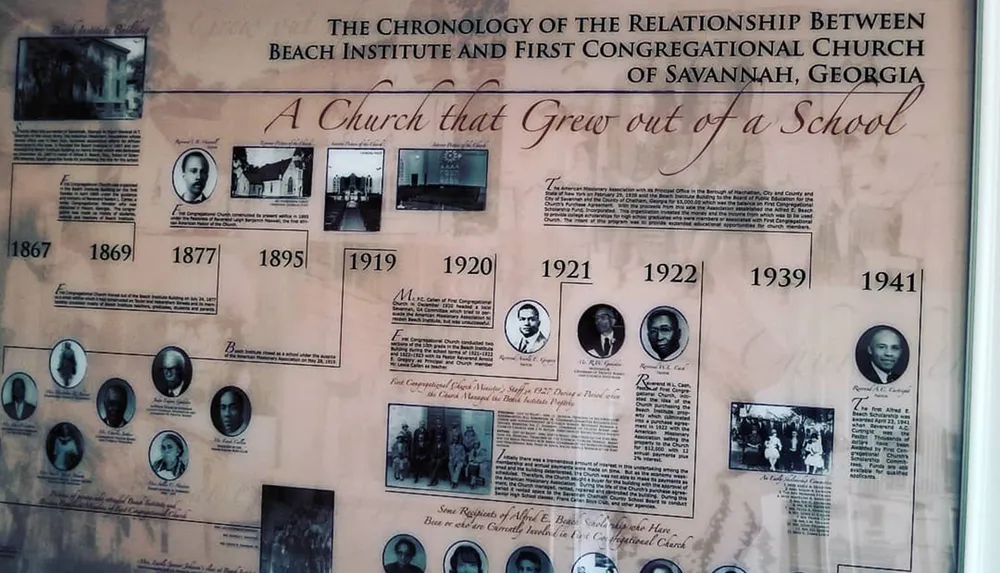 The image features a historical display detailing the chronology and relationship between Beach Institute and First Congregational Church of Savannah Georgia highlighting the churchs development from a school and showcasing important dates and individuals associated with its history