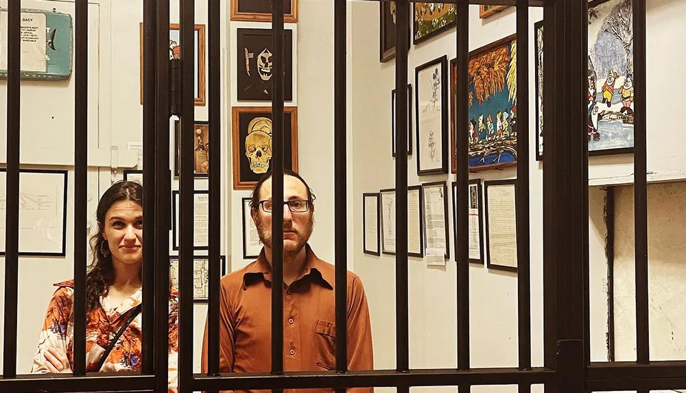 A man and a woman stand behind a set of vertical bars with various framed artworks on the wall behind them