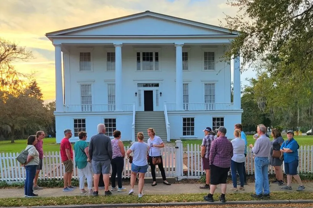 A group of people is gathered outside a white two-story building with columns possibly on a guided tour