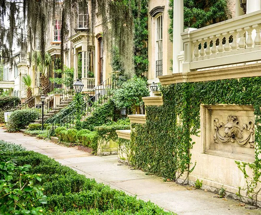 The image shows a picturesque street with elegant historical houses adorned with green ivy Spanish moss classic lampposts and lush plantings evoking a sense of Southern charm