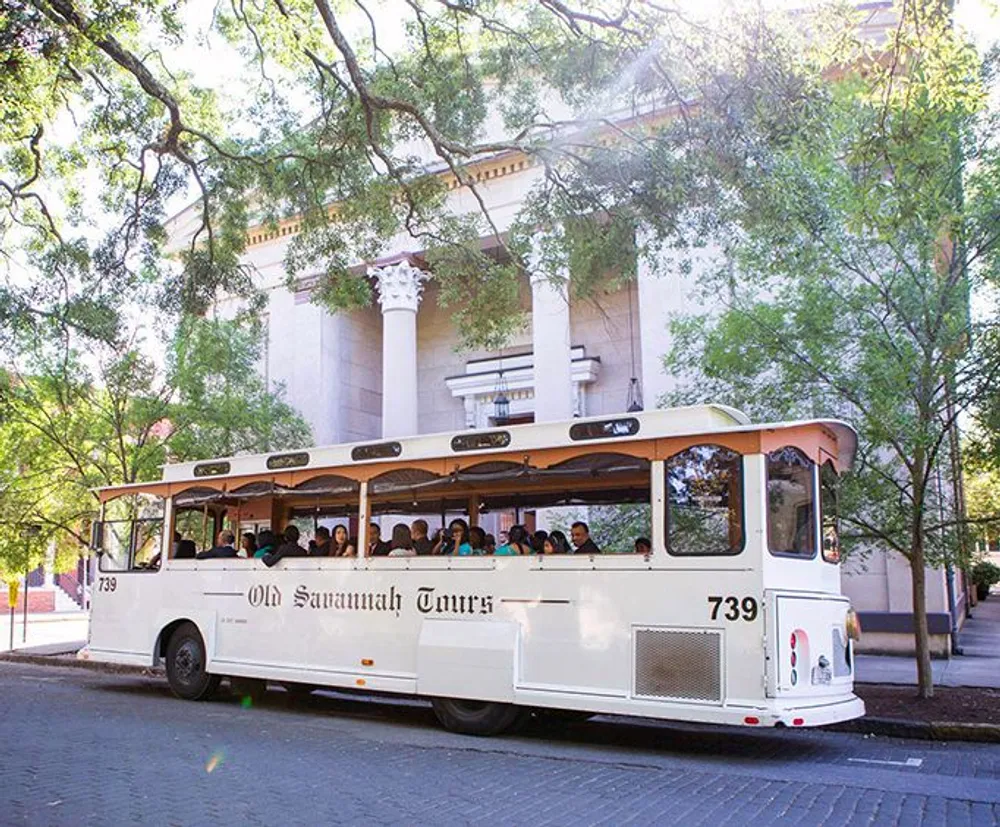 A trolley bus filled with passengers tours through a tree-lined street suggesting an urban sightseeing activity