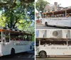 A group of people are riding a white trolley labeled Old Savannah Tours near a historic building with a sign for the Pirates House