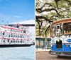 The image is a split-view showcasing two types of tourist transportation on the left is a trolley bus filled with passengers and on the right is a riverboat also carrying guests