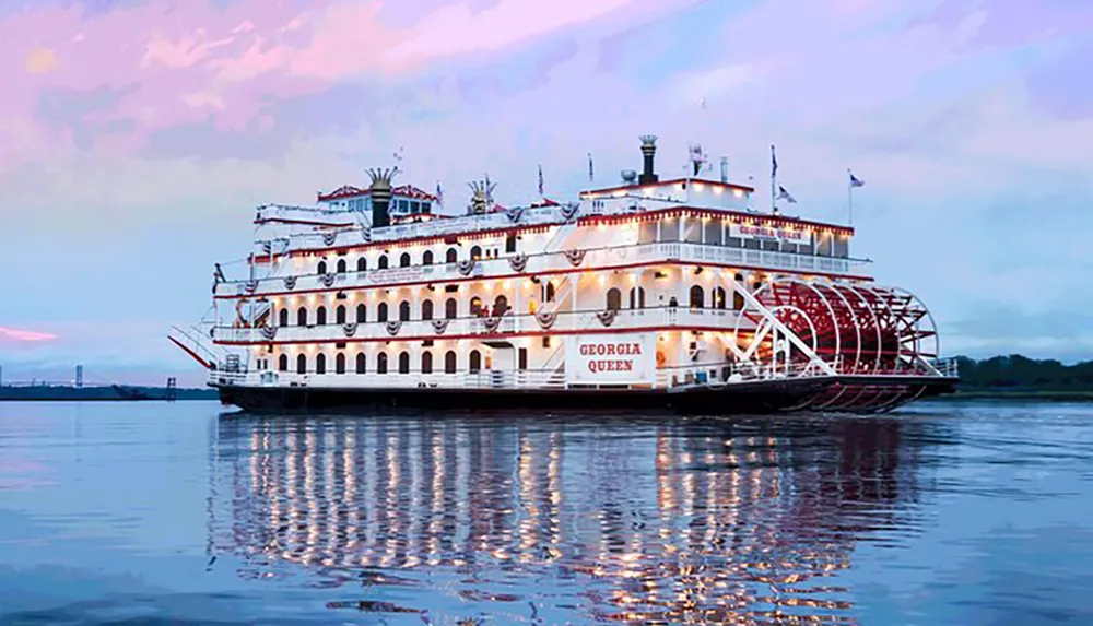 The image shows the Georgia Queen a large paddlewheel riverboat cruising on a calm waterway during a time when the sky above shows early evening hues