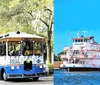 The image is a split-view showcasing two types of tourist transportation on the left is a trolley bus filled with passengers and on the right is a riverboat also carrying guests