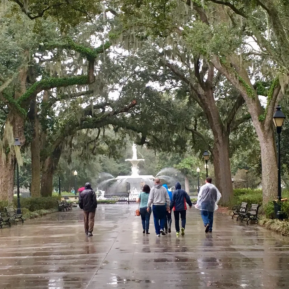 The image shows people walking down a wet path lined with trees with a white fountain in the background on what appears to be a cloudy or rainy day