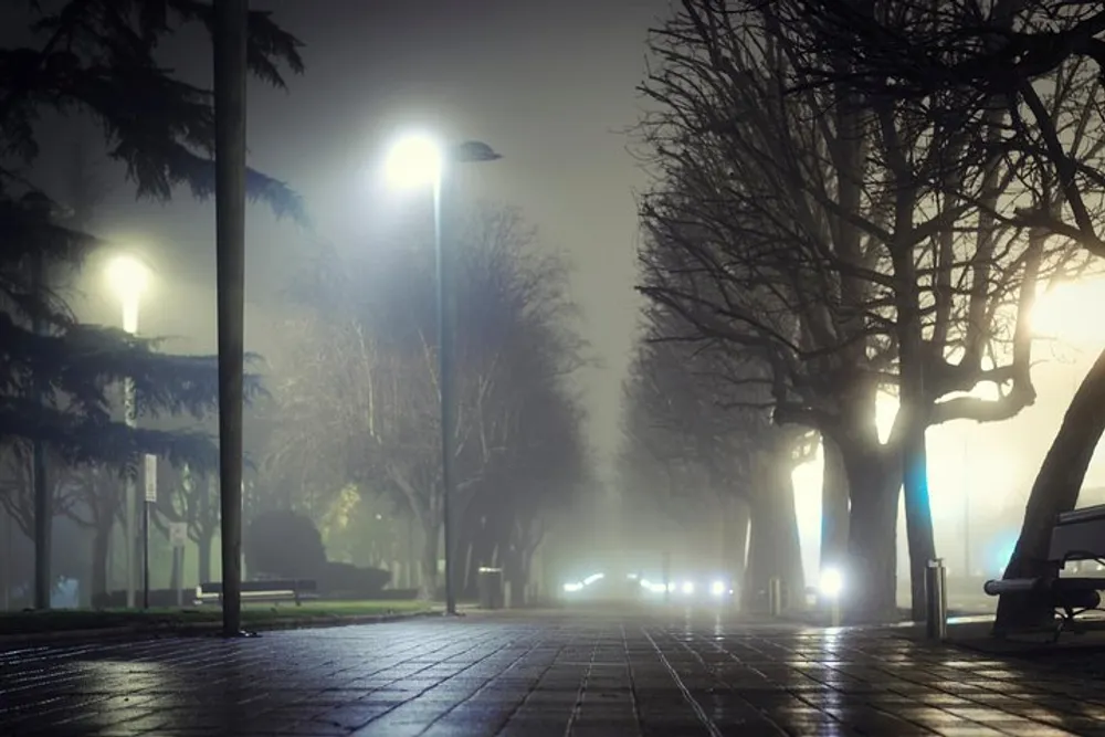 A foggy dimly lit walkway at night creates a moody and mysterious ambiance with street lamps casting a soft glow on the wet pavement and bare trees lining the path