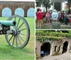 A group of people appear to be on an outdoor guided tour listening to a person who is likely the tour guide standing in front of them with his back to the camera