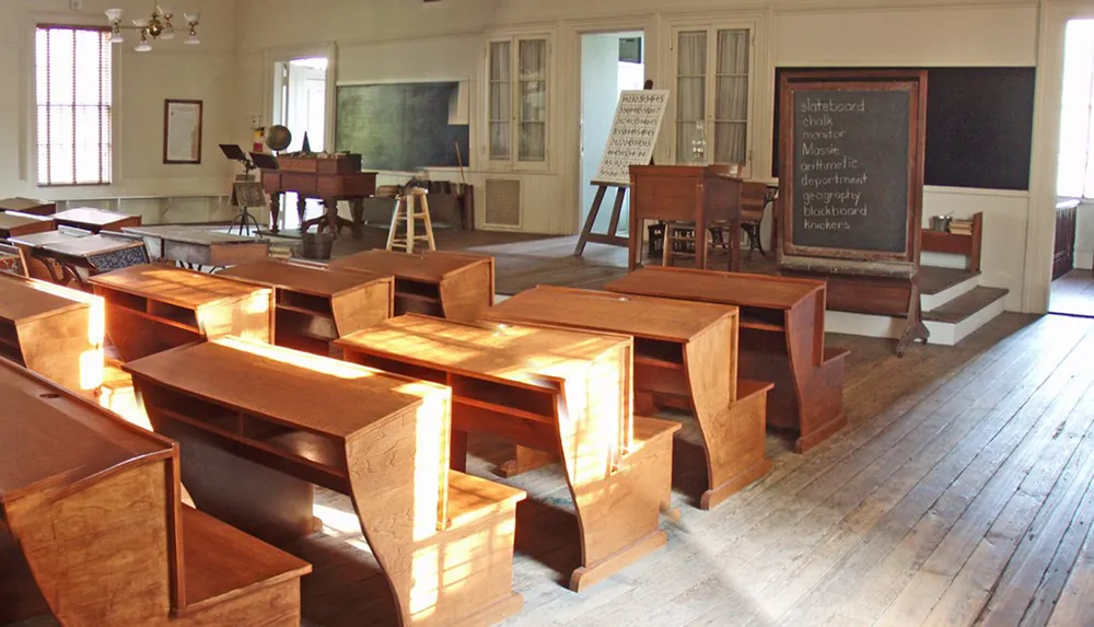 This image shows a vintage classroom setting with wooden desks a blackboard and traditional school furnishings suggesting a historical or educational exhibit