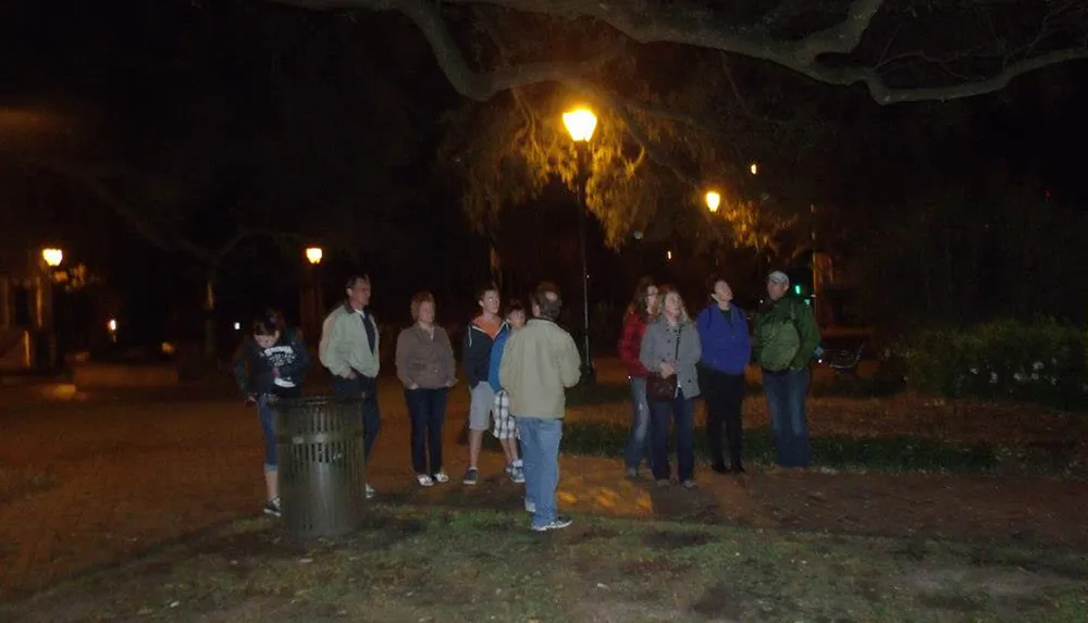 A group of people is gathered at night in a park-like setting under the illumination of street lamps