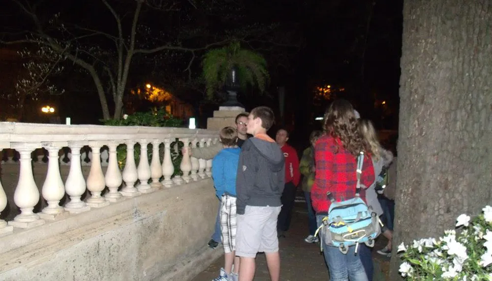 The image shows a group of people possibly on a tour gathered at night near a stone balustrade with a focus on a young person wearing a grey hoodie looking across the railing