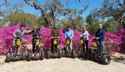 A group of six people are posing with Segways in front of vibrant pink flowers and Spanish moss-draped trees under a clear sky.