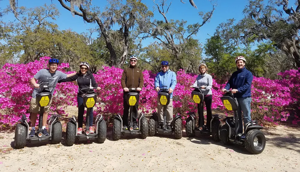 A group of six people are posing with Segways in front of vibrant pink flowers and Spanish moss-draped trees under a clear sky