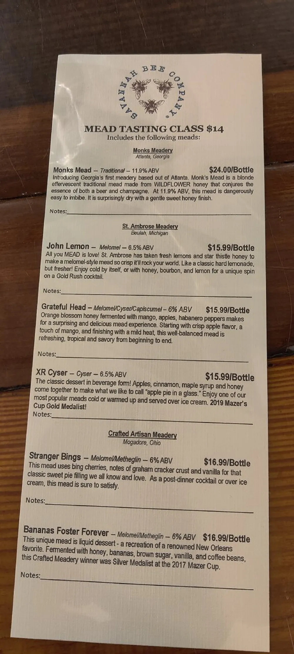 The image shows a menu for a mead tasting class listing various meads with descriptions alcohol content and prices per bottle from different meaderies
