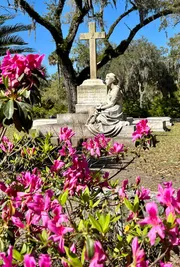 A statue of a seated figure is framed by vibrant pink flowers in the foreground, with a cross-topped gravestone nearby, all under a canopy of Spanish moss-draped trees in a serene cemetery setting.
