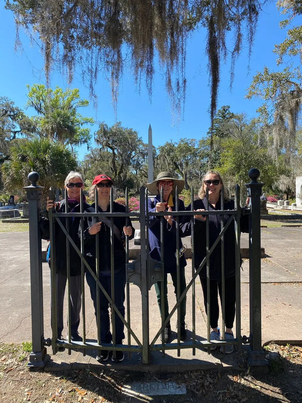 Four individuals are standing behind a metal gate in a cemetery with Spanish moss hanging from a tree above them and a clear blue sky in the background