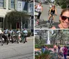 A group of smiling people are standing with rented bicycles in front of a house with a charming facade