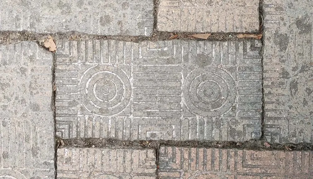 This image depicts textured paving stones with circular patterns slightly misaligned due to wear or ground movement