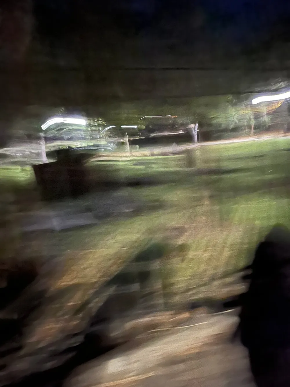 The image is a blurred nighttime scene possibly taken while in motion featuring distorted lights and unidentifiable shapes that suggests movement