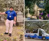 A person gives a presentation or tour in a cemetery pointing at a large rugged gravestone with detailed engravings and metal adornments