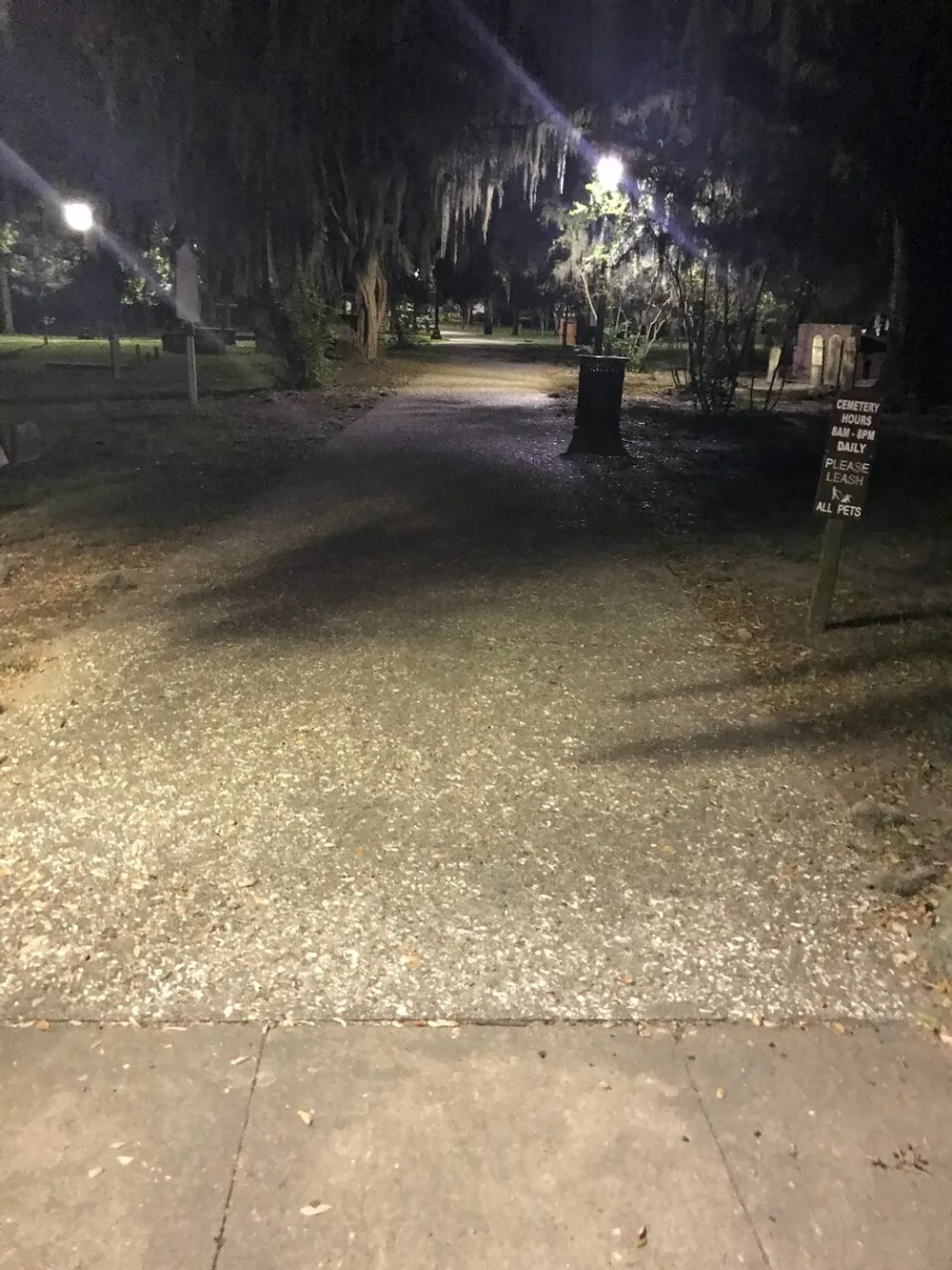 This image shows a lit pathway leading into a cemetery at night with moss-draped trees and a sign indicating cemetery hours and a leash policy for pets
