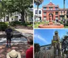 A person gestures animatedly while giving a tour or presentation in a park with benches and a monument surrounded by trees with Spanish moss