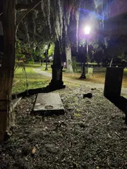 The image shows a serene, nocturnal scene of a cemetery with a lit lamp post, moss-laden trees, and tombstones creating a somber and tranquil atmosphere.