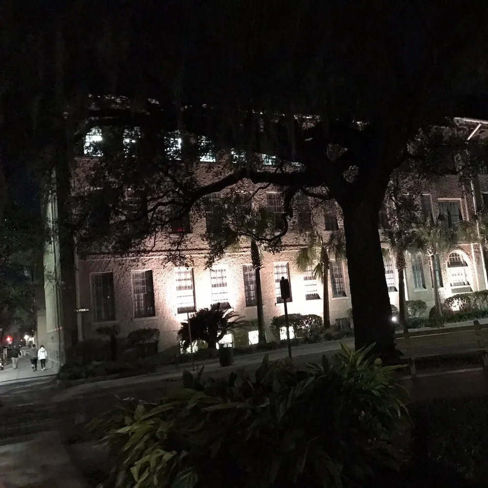 This is a nighttime photo of a lit building partially obscured by trees with a person in the foreground walking along the sidewalk