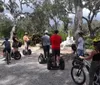 A group of people on a mixture of segways and bicycles gathered in a park with Spanish moss-draped trees listening to someone who appears to be a guide