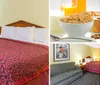 The image shows a standard hotel room with two double beds covered in red patterned bedspreads simple furnishings a flat-screen TV and a window with a view of a vehicle outside