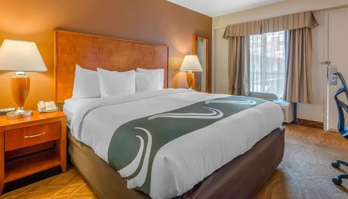 The image shows a neatly made hotel room with a large bed decorative pillows a patterned carpet an exercise bike and a warm inviting decor