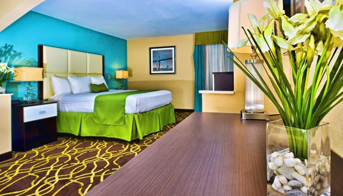 The image displays a bright and colorfully decorated hotel room featuring a bed with a green bedspread complemented by aqua walls patterned carpet and a vase with tall greenery on a wood-toned surface in the foreground