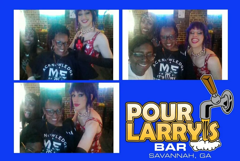 The image shows a photo collage of two sets of people smiling and posing together with a performer in a costume at Pour Larrys Bar in Savannah GA