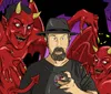 A man in a hat looks shocked as he is surrounded by cartoonish red demons under a night sky