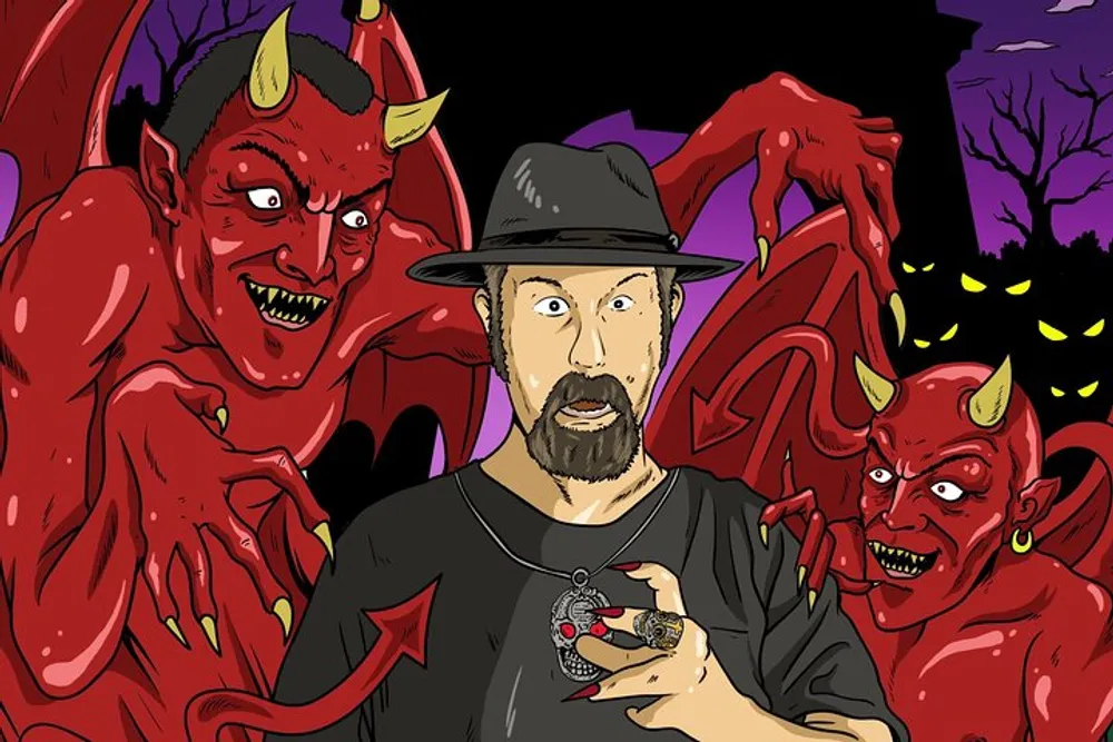 A man in a hat looks shocked as he is surrounded by cartoonish red demons under a night sky