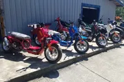 The image shows a line of colorful mopeds or small motorcycles parked outside a building with industrial siding.