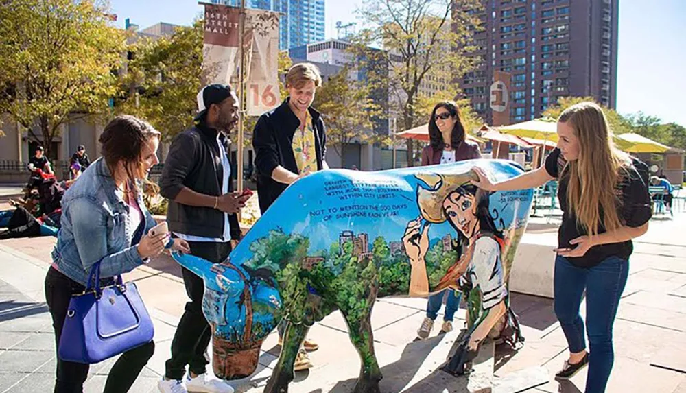 A group of people interact with a colorfully painted cow sculpture in an urban outdoor setting