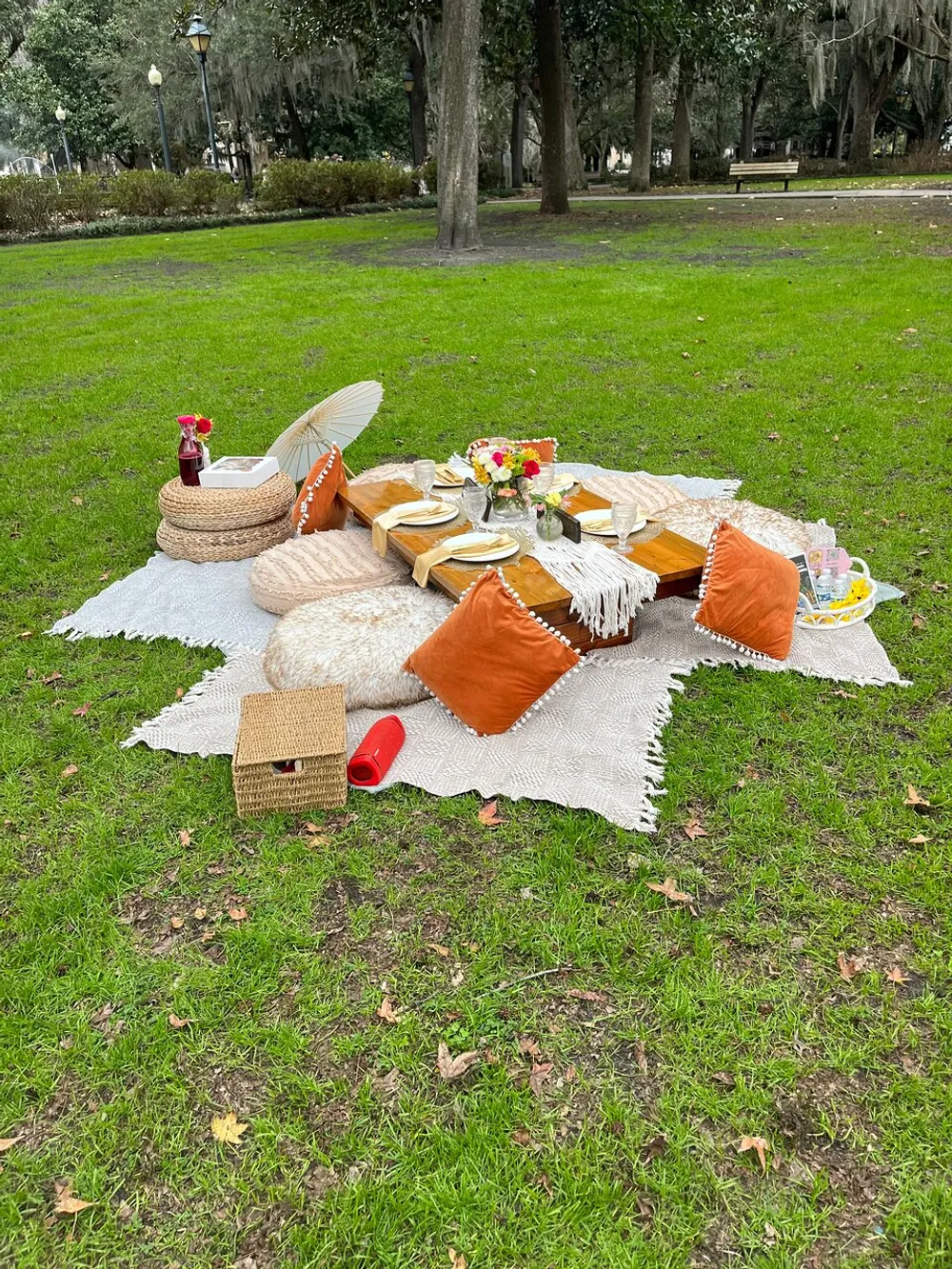 A cozy outdoor picnic setup on blankets with cushions plates flowers and baskets awaits in a park setting