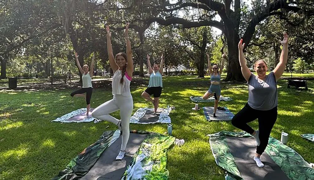A group of people are participating in an outdoor yoga class in a park with lush trees