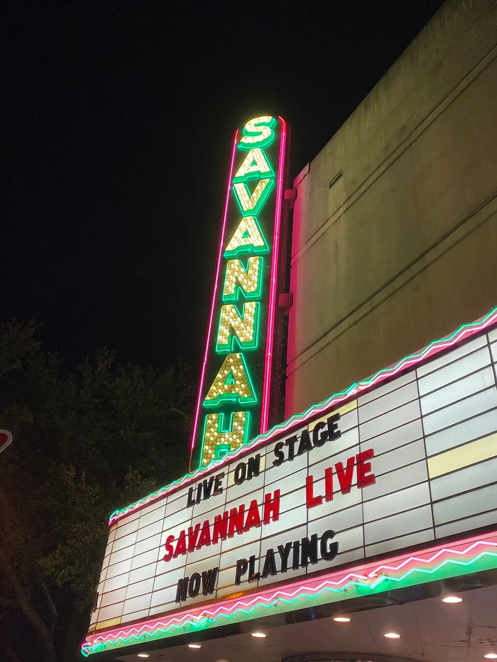 The image shows a brightly lit vertical neon sign spelling Savannah above a marquee that reads LIVE ON STAGE - SAVANNAH LIVE - NOW PLAYING against a night sky