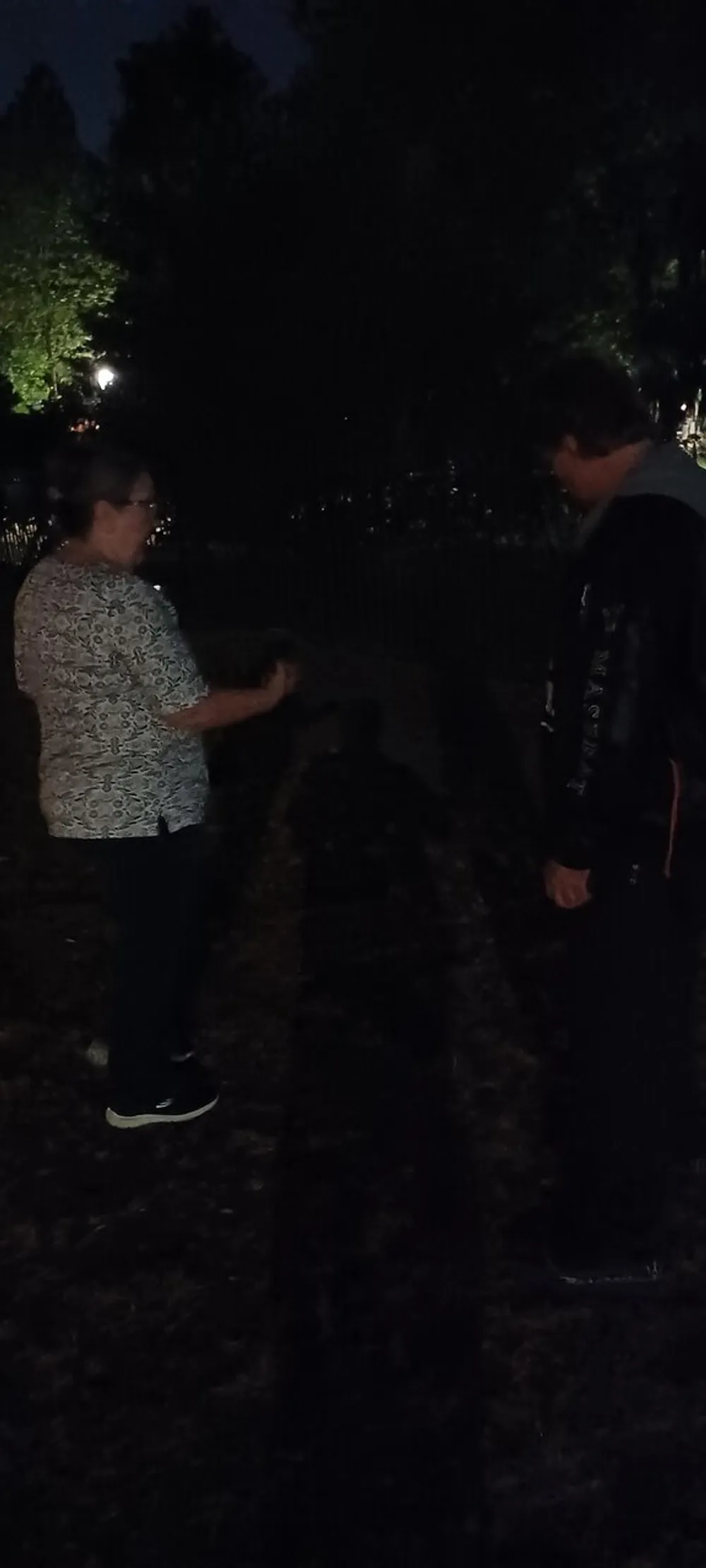 Two people are interacting in a dimly lit outdoor setting at night