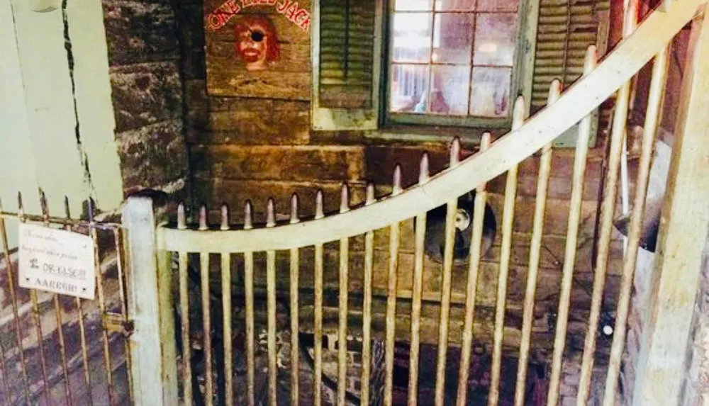 The image shows a rustic old-fashioned stairwell with a wooden gate adorned with a painted sign that reads One-Eyed Jacks harking back to a time reminiscent of Wild West saloons or themed establishments