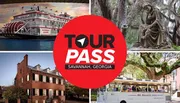 This image features a collage of tourist attractions in Savannah, Georgia, including a riverboat, a historic building, a trolley tour, and a statue, promoting the 
