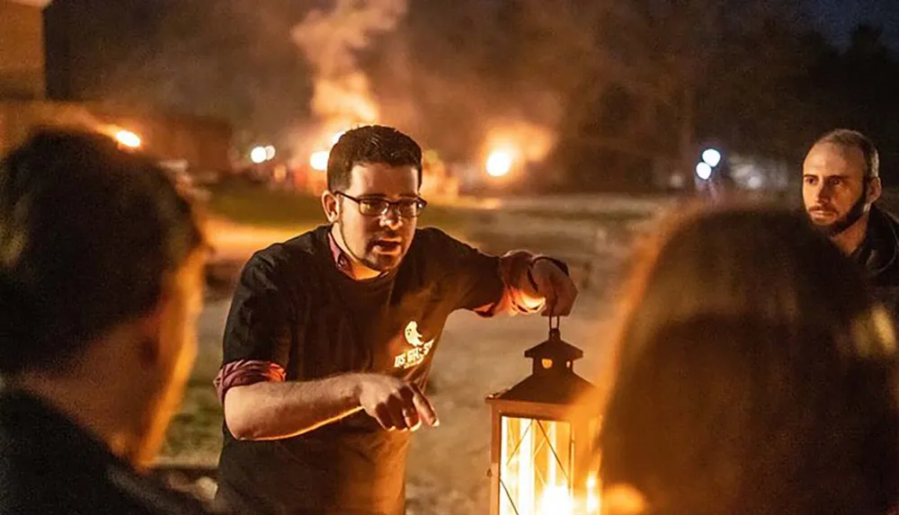 A person is gesturing while holding a lantern with a group of attentive people around and a fire visible in the background at nighttime