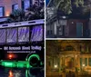 The image shows the Old Savannah Ghost Trolley on a rainy evening with green lighting reflecting off the wet ground creating a moody and atmospheric setting